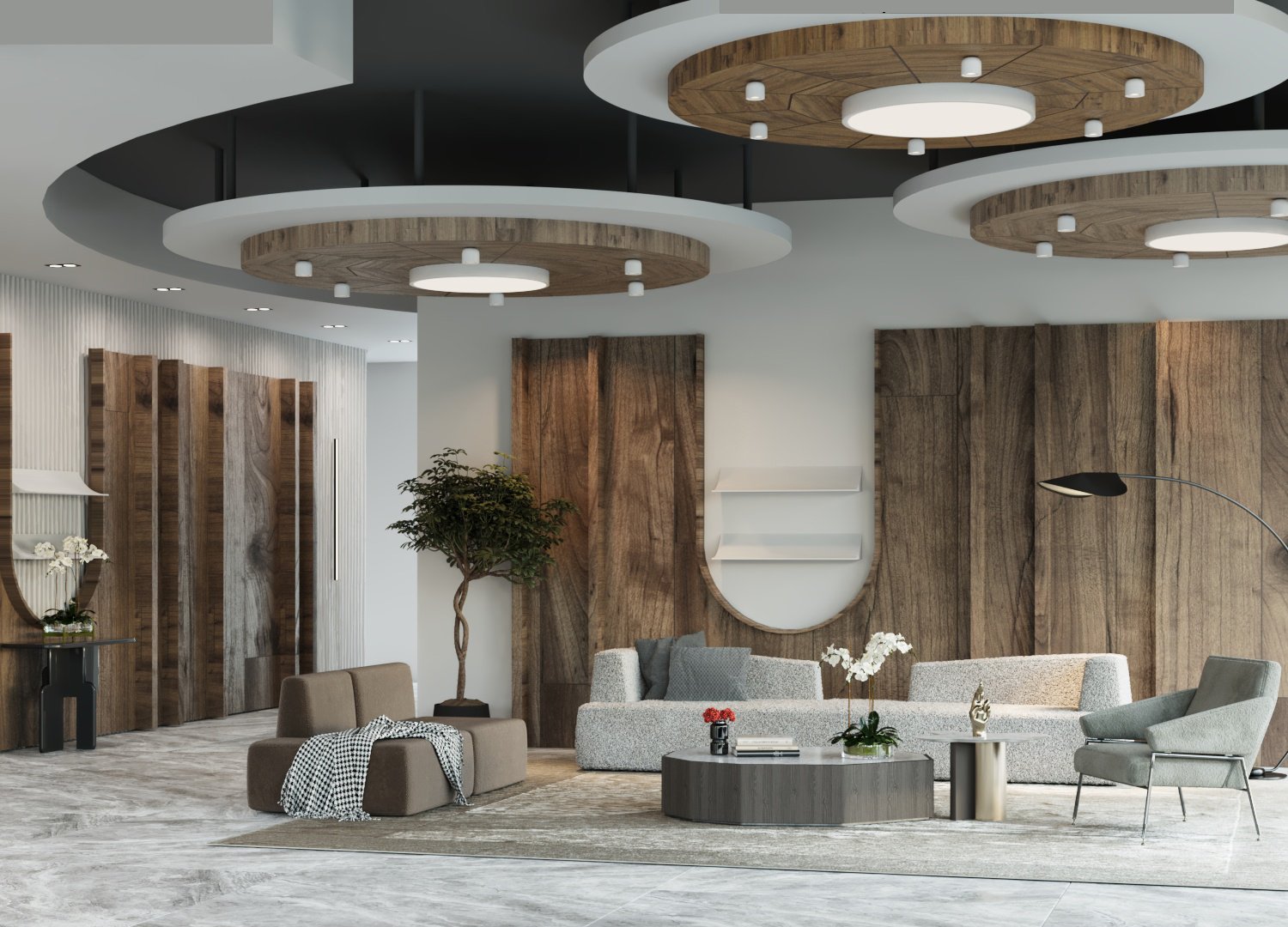 Lobby Design in Contrasting & Soft Tones