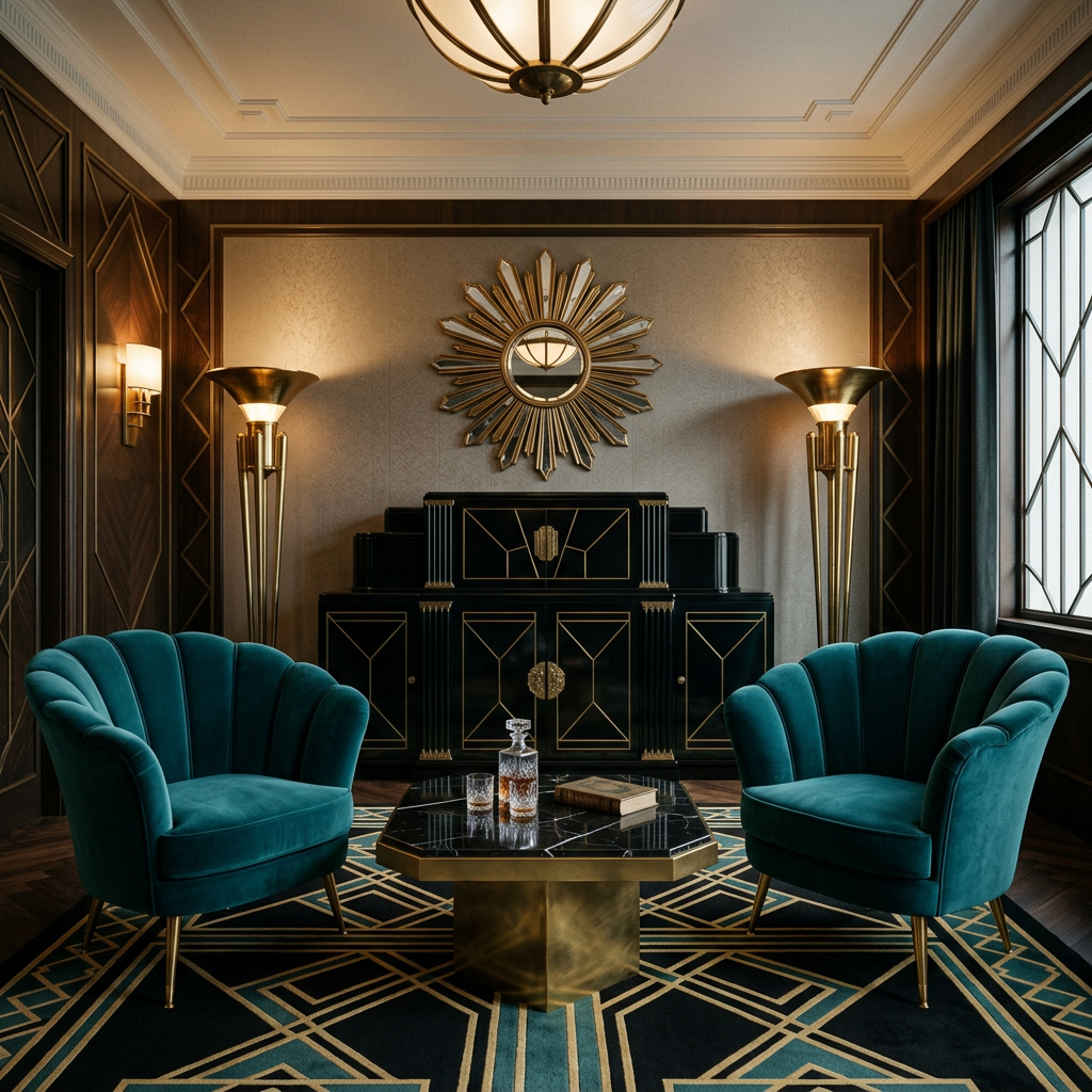 Art deco furniture with stepped, sculptural silhouettes, velvet upholstery and symmetrical arrangement