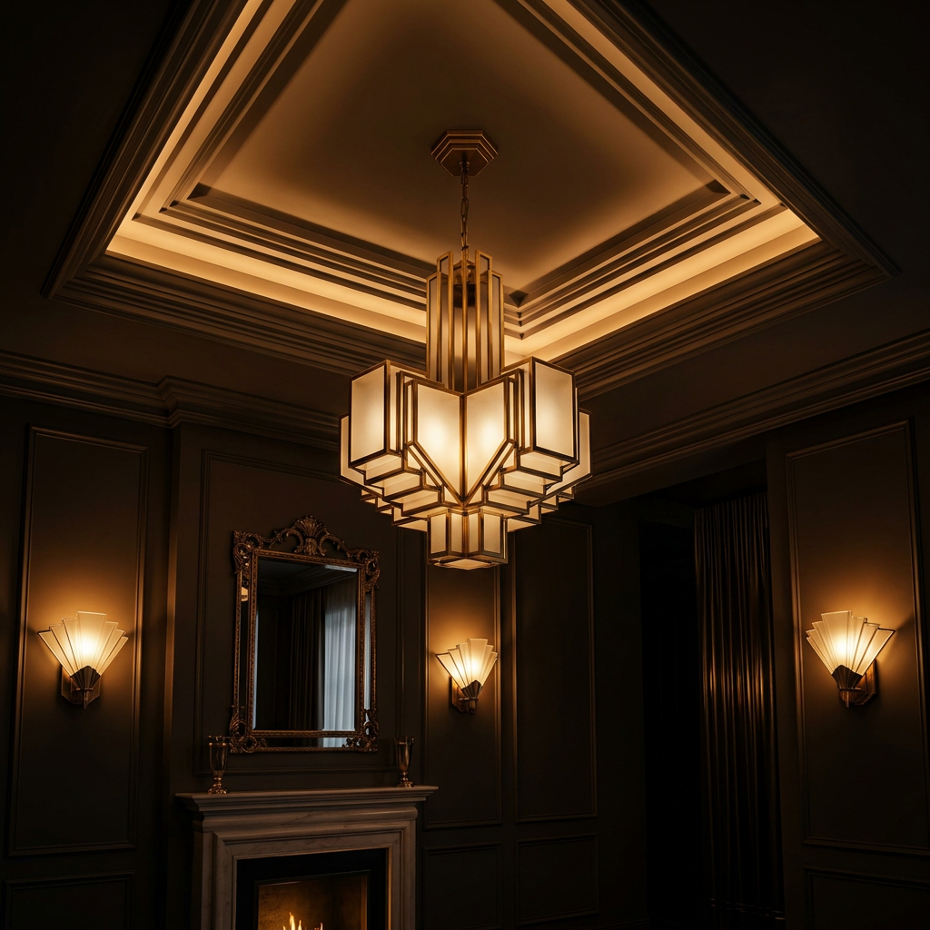 Art deco lighting design with sculptural brass and frosted glass fixtures and geometric forms