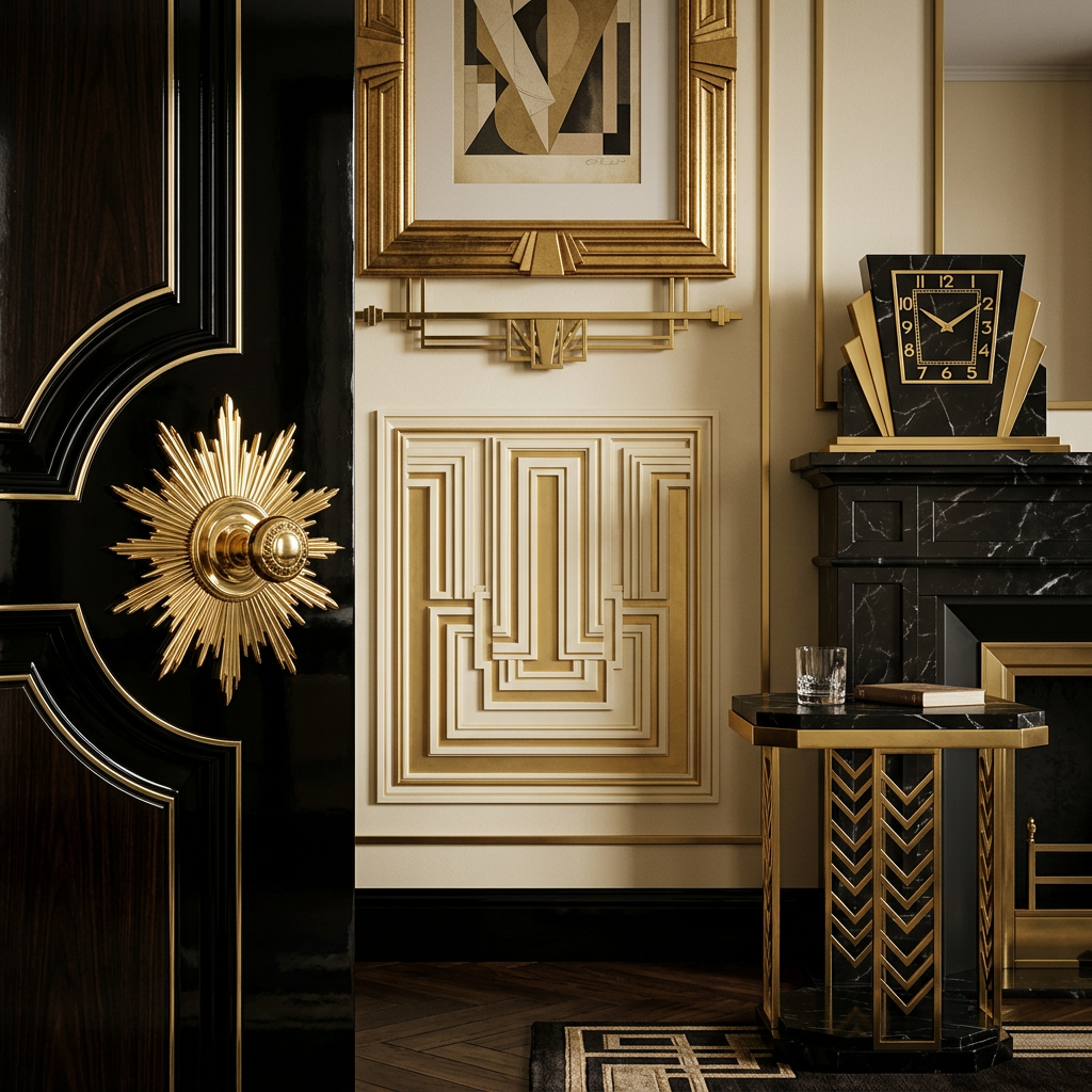 Art deco interior detail with geometric brass hardware, inlaid patterns and stepped plasterwork motifs