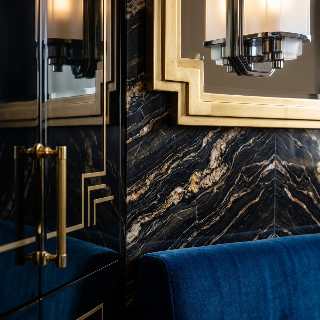 Art deco interior with lacquered black surfaces, polished brass and gold-veined marble in rich contrast
