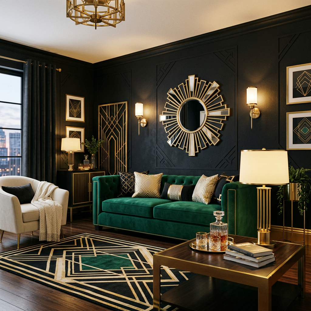 Art deco living room with bold jewel-tone color palette, emerald velvet and gold accents
