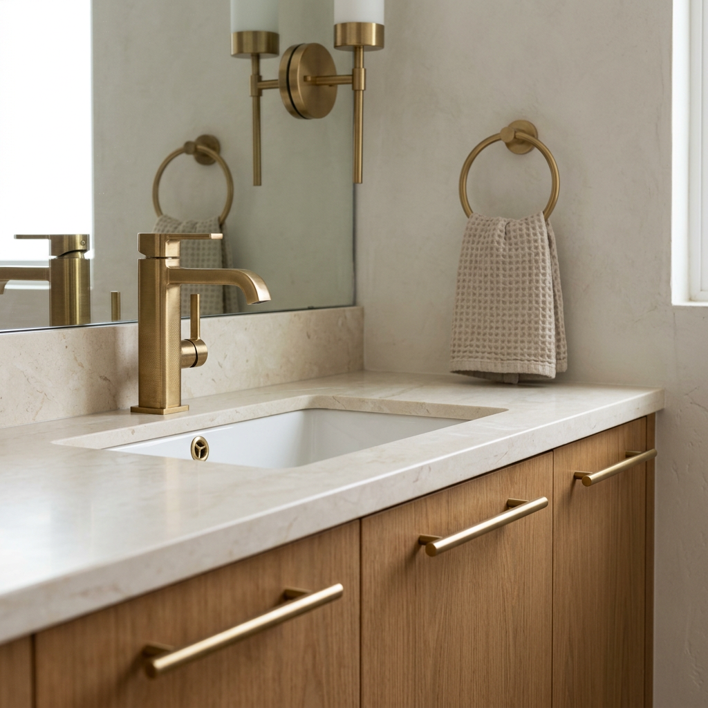 Bathroom vanity with a single consistent hardware finish across faucet, drawer pulls and towel bar — bathroom vanity decor detail