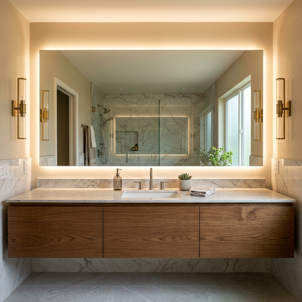 Full-width bathroom vanity mirror flanked by face-height sconces that eliminate shadows — bathroom vanity lighting and mirror
