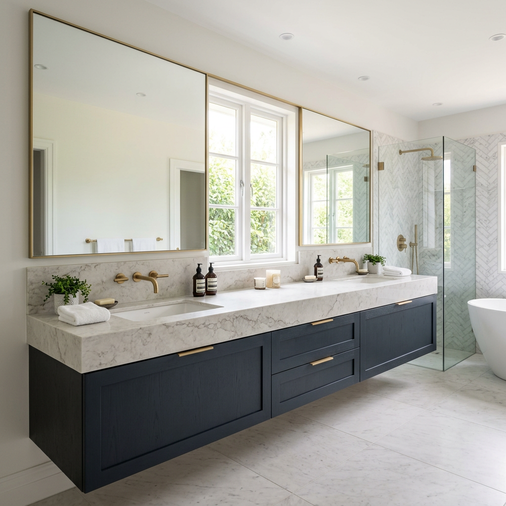 Double bathroom vanity in a continuous bookmatched stone countertop with two undermounted basins and matching fixtures — double vanity bathroom ideas