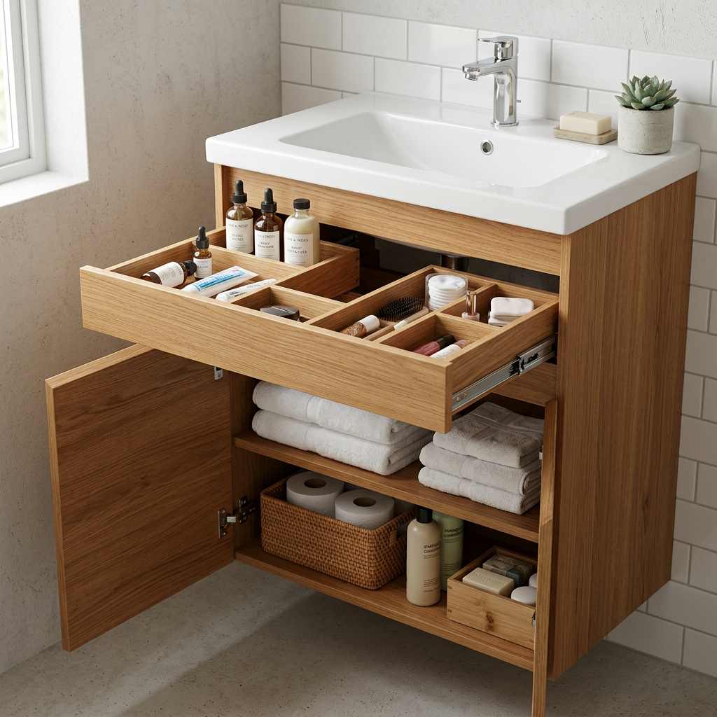 Bathroom vanity with drawers instead of doors, internal organizers and deep lower drawers for daily items — bathroom vanity storage