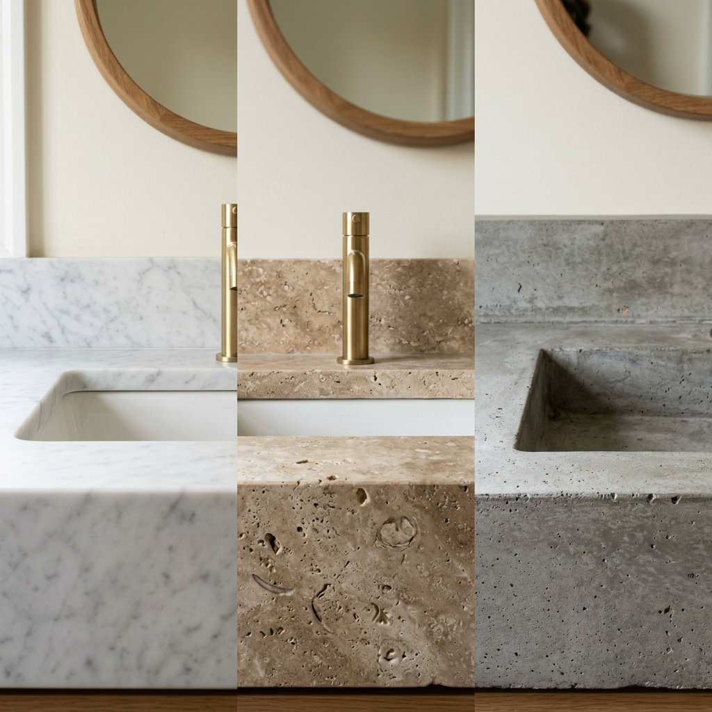 Bathroom vanity countertop options — honed marble, travertine, concrete and engineered stone samples — bathroom vanity design ideas