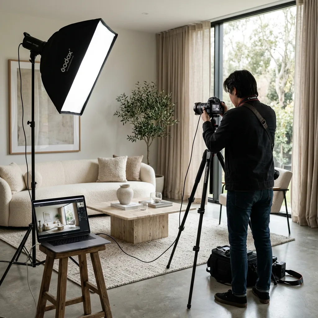 Architectural photographer on a tripod shooting a finished modern living room with a softbox and tethered laptop — photographing interior projects for design award entries