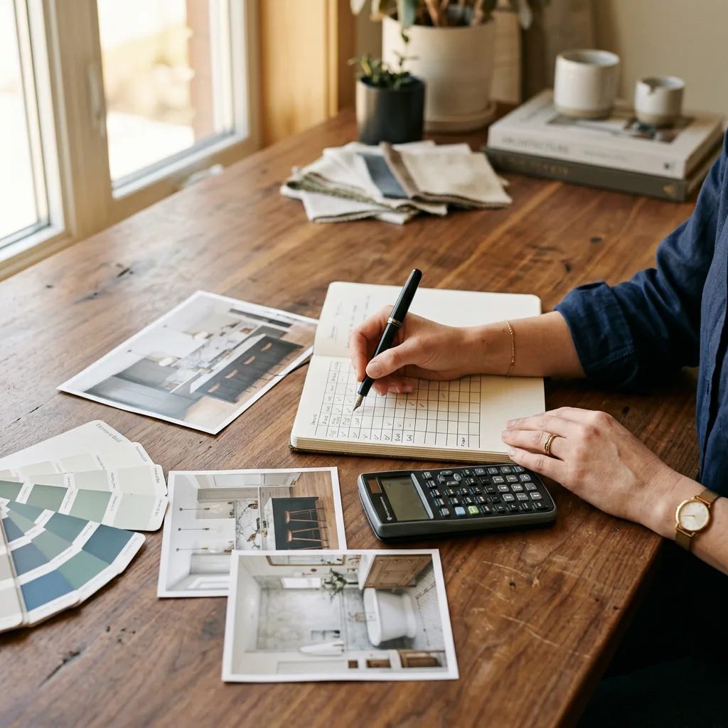 Interior designer's hands planning a yearly budget in a notebook with a calculator, printed project photographs and paint chips — interior design award entry fees budget