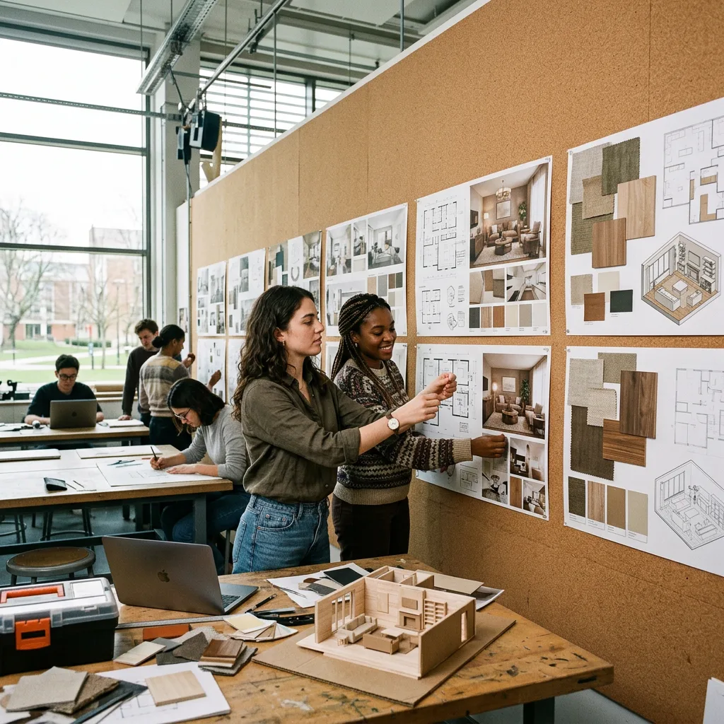 Two interior design students pinning concept boards, floor plans and material swatches on a studio wall with scale models on the table — student interior design competitions