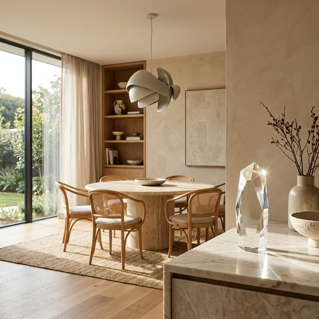 Sunlit dining room with a round travertine table, sculptural pendant light and a faceted glass award trophy on a marble sideboard — award-winning interior design project