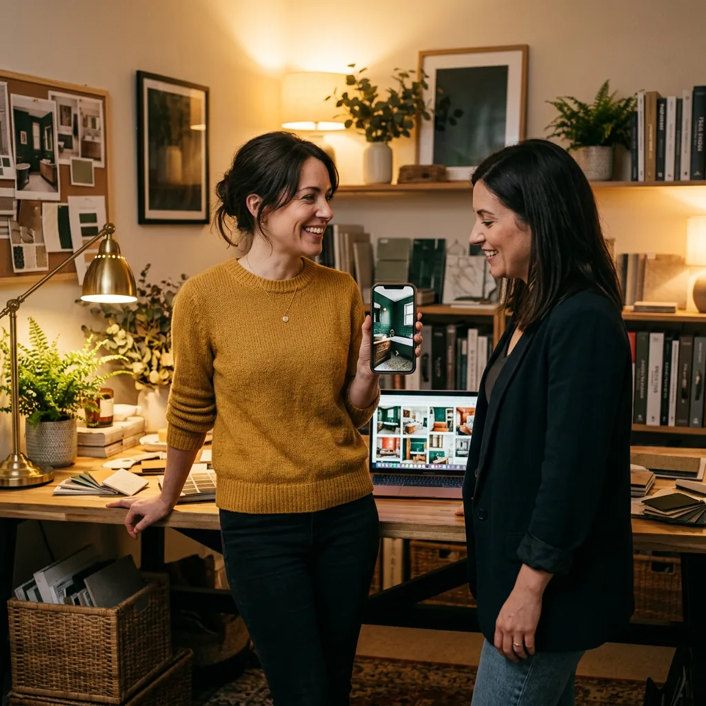 Smiling interior designer sharing her finished green bathroom project on a smartphone with a colleague in a cozy studio — online interior design competition with community voting