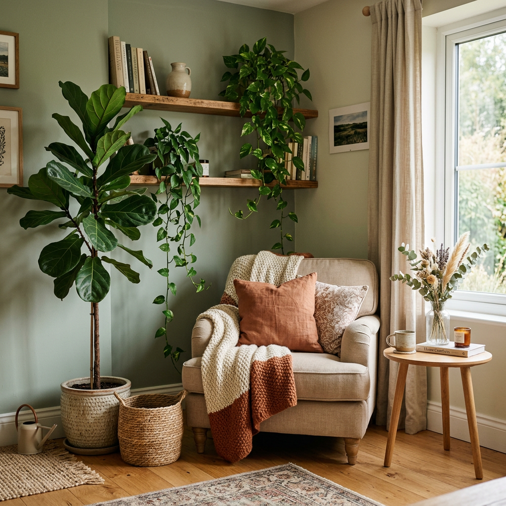 Cozy open plan interior — rugs and furniture arrangement defining a living and dining zone in a warm, light-filled space