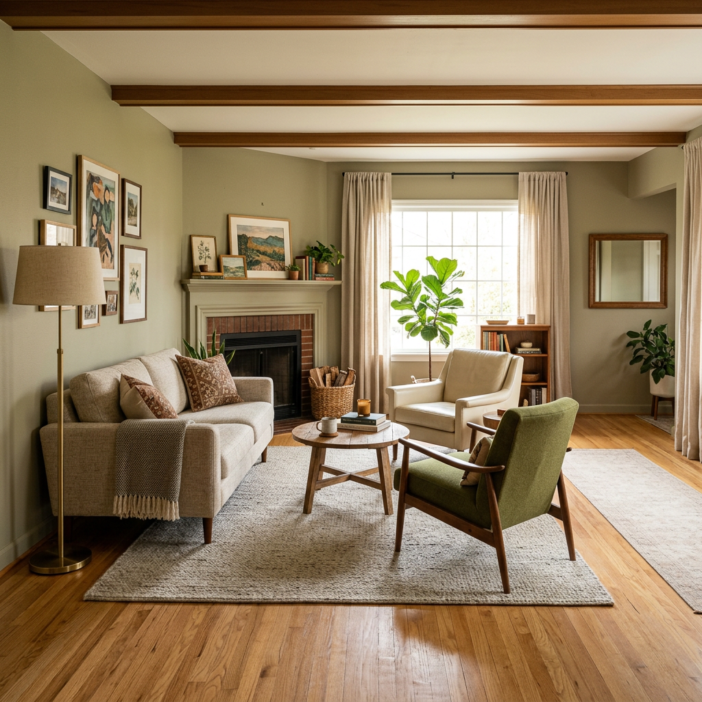 Cozy living room furniture scale — intimate seating arrangement with right-sized sofa and armchairs, space to move, warm interior