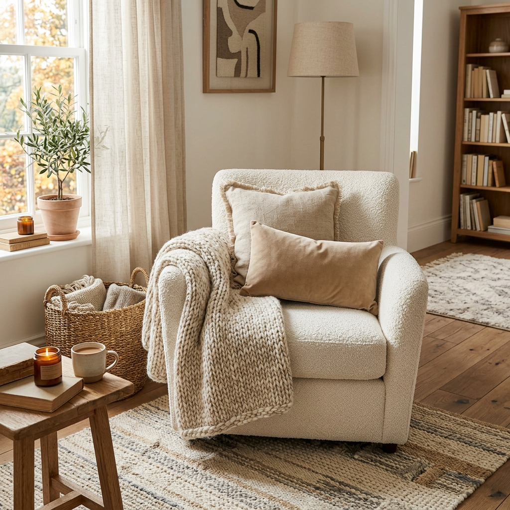 Cozy interior design texture — layered textiles with chunky knit throw, boucle chair and woven rug in warm neutral tones