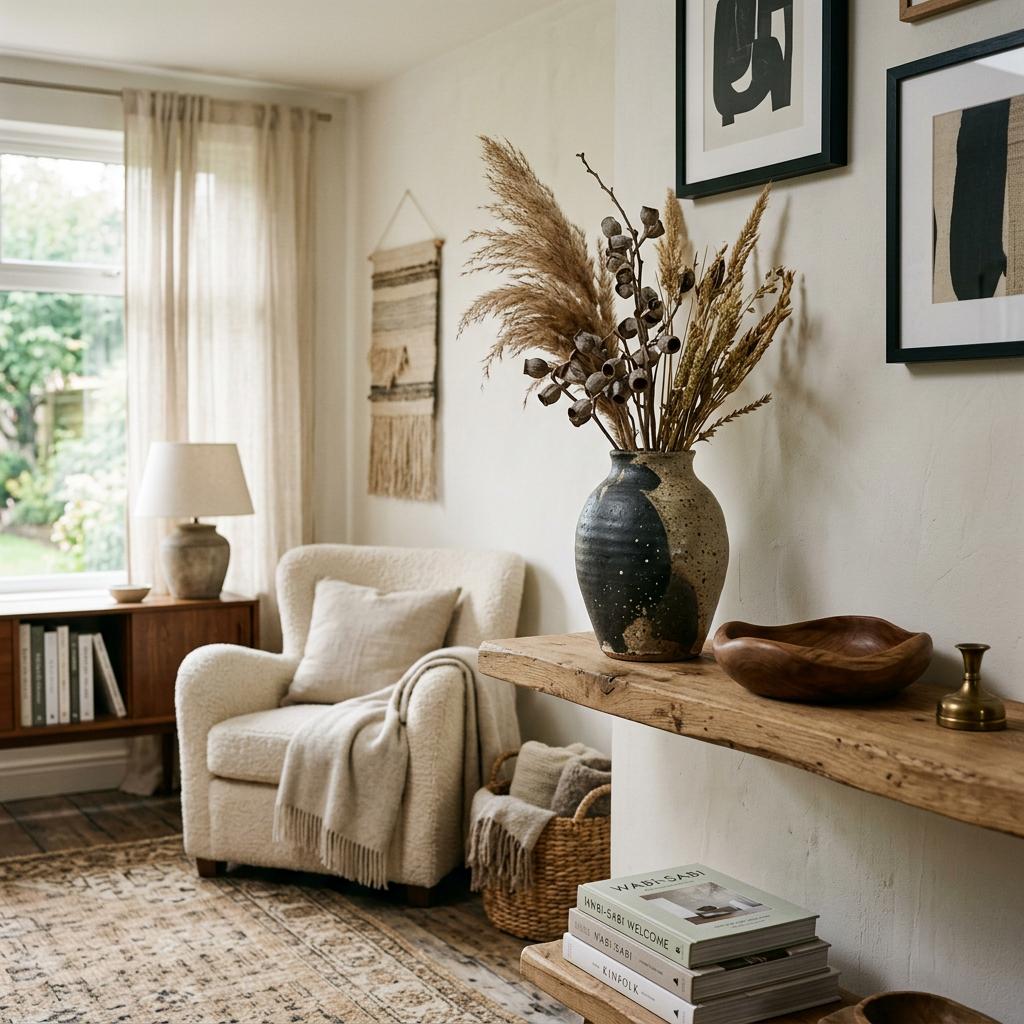 Cozy interior design imperfect details — handmade ceramic vase and organic wood objects adding warmth to a well-designed room