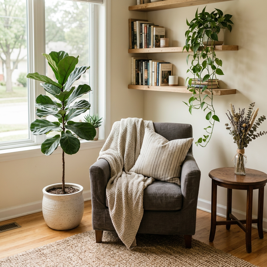 Cozy home interior with plants — fiddle leaf fig and trailing plants adding life and warmth to a living room or bedroom