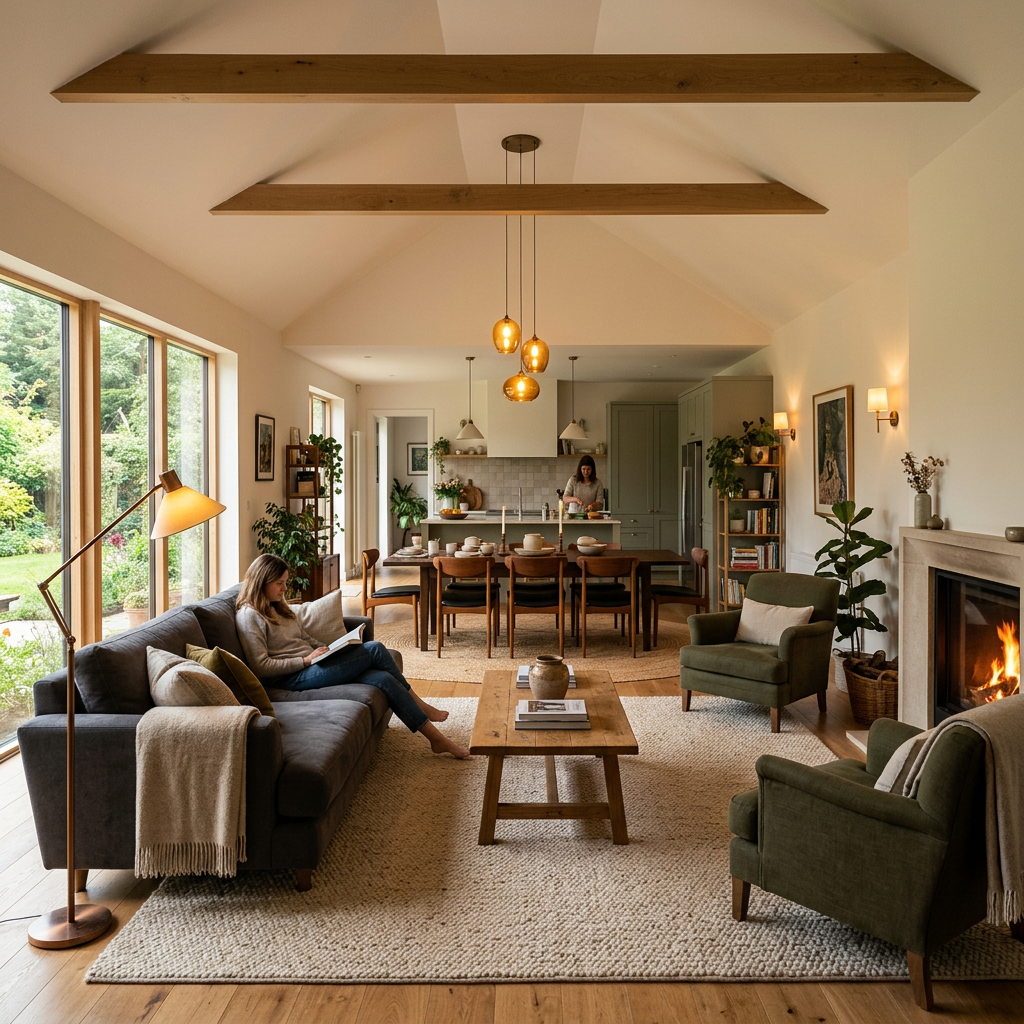 Cozy open plan interior design — living room and dining area defined by rugs and furniture arrangement creating intimate zones
