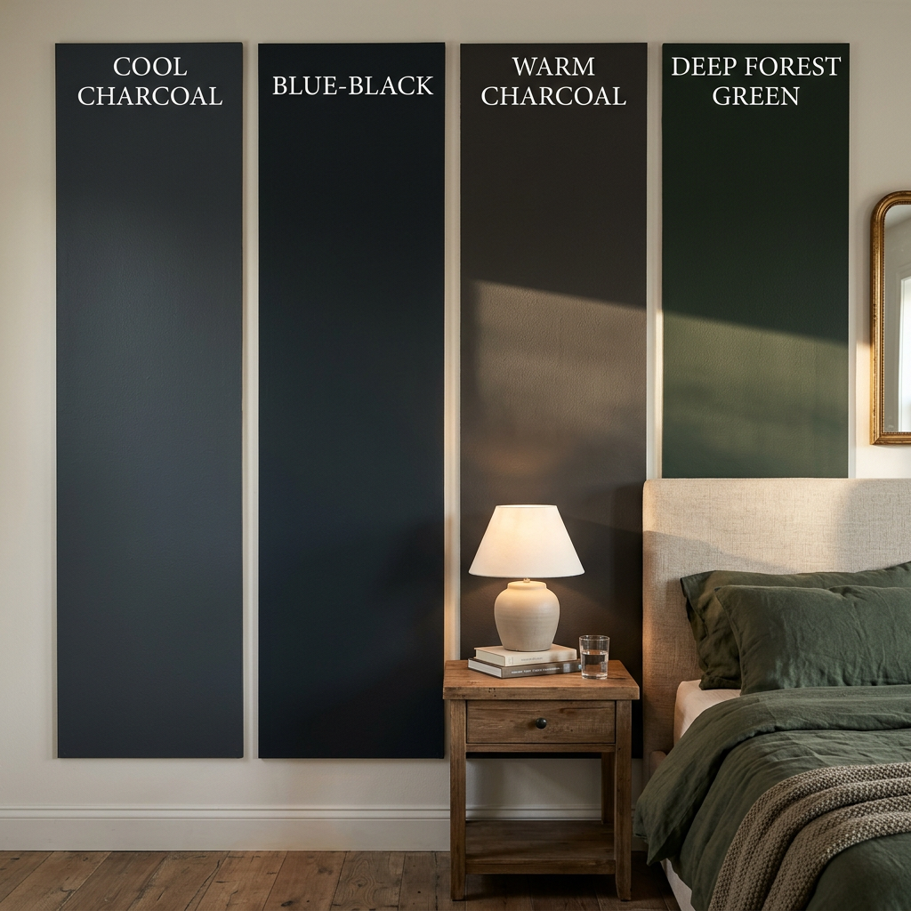 Dark bedroom lighting — brass bedside sconces and concealed LED strips creating warm pools of light against near-black walls