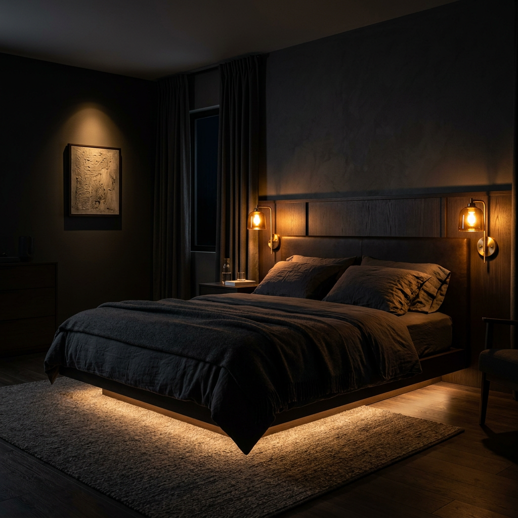 Dark bedroom texture layering — tufted velvet headboard, linen bedding and a bouclé throw catching warm light