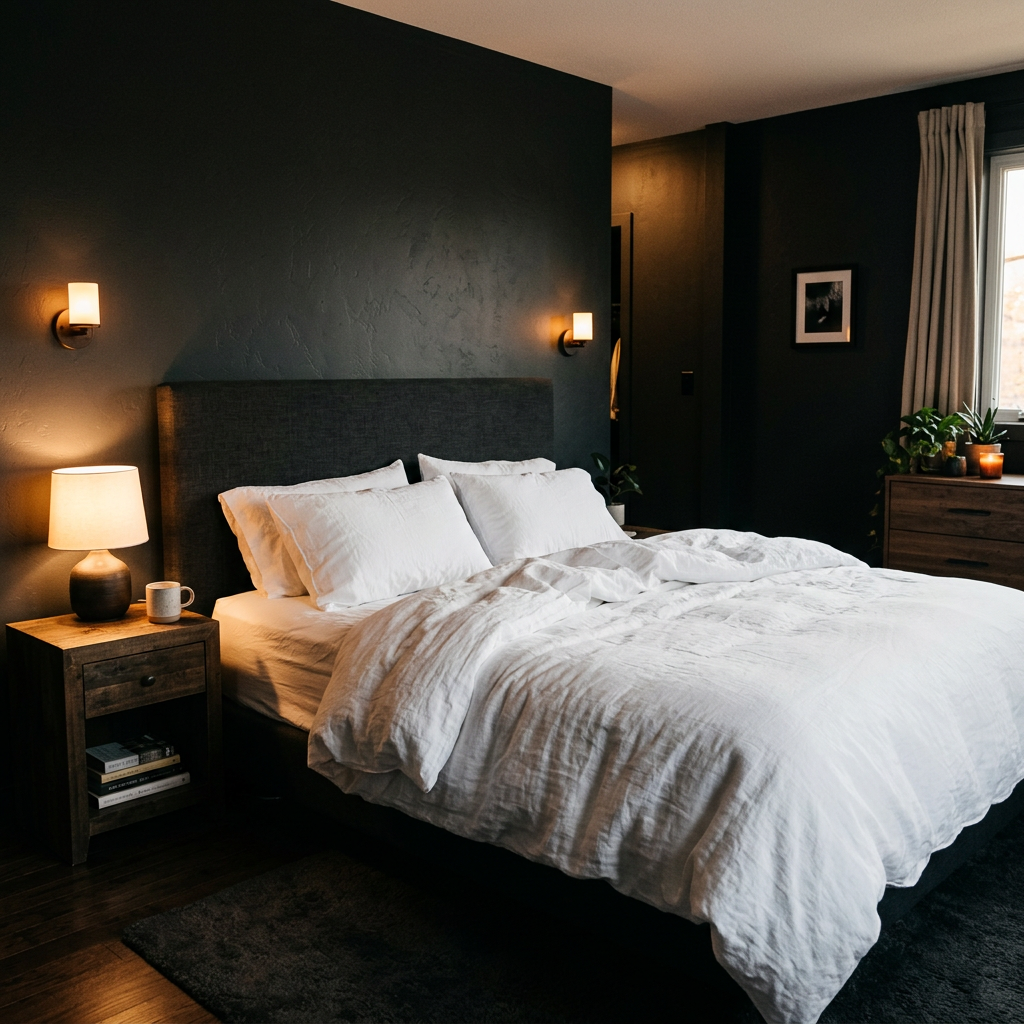 Crisp cream linen bedding against a dark headboard and near-black walls — the light anchor in a moody bedroom design
