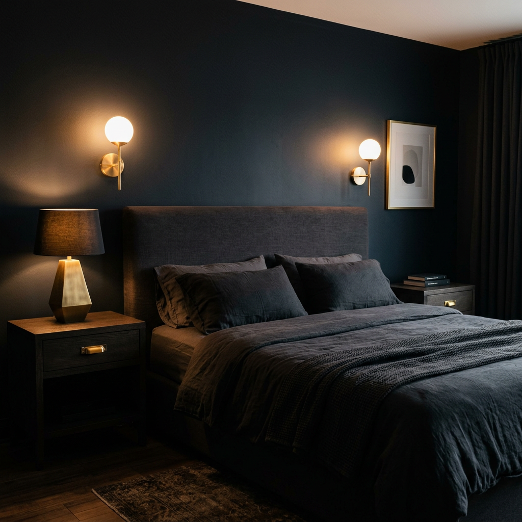 Brushed brass wall sconce and hardware against a deep charcoal bedroom wall — warm metal contrast in dark bedroom decor