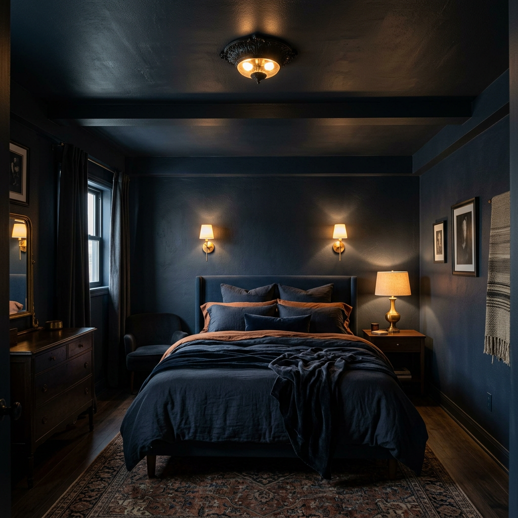 Dark bedroom with the ceiling painted to match the walls — the jewel box effect in a dark interior bedroom