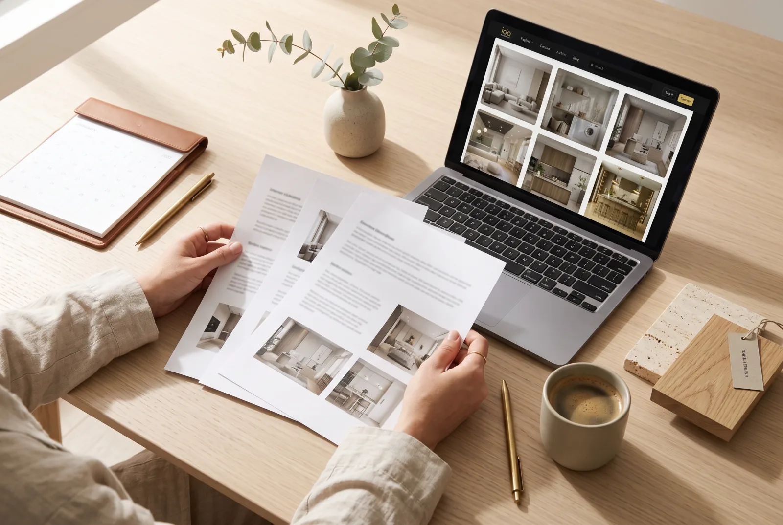 Interior designer at a desk comparing printed award entry guidelines, a laptop and a portfolio of residential projects — how to enter interior design awards
