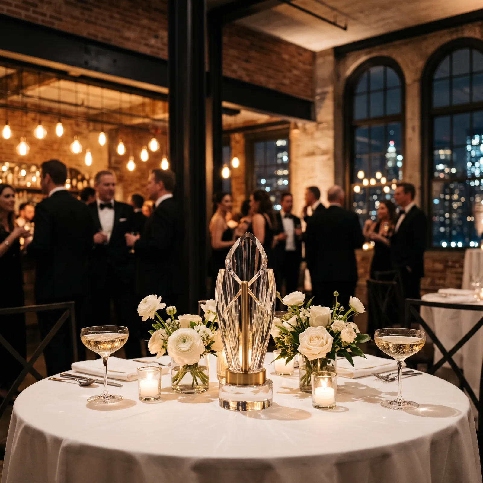 Elegant awards gala table with a glass trophy and printed program in a New York venue — interior design best of year awards