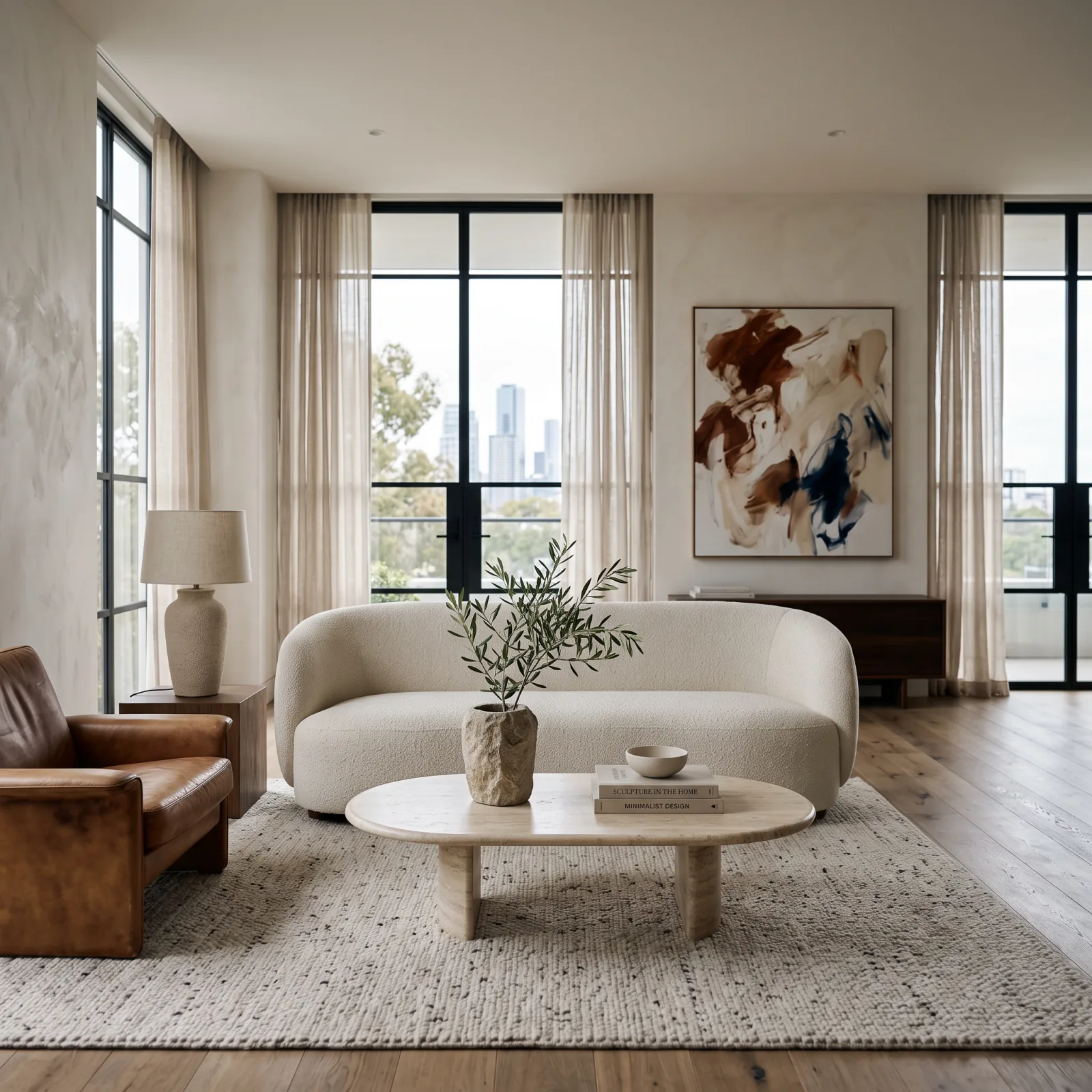 Modern apartment living room photographed in soft daylight for an award submission — residential interior design award entry