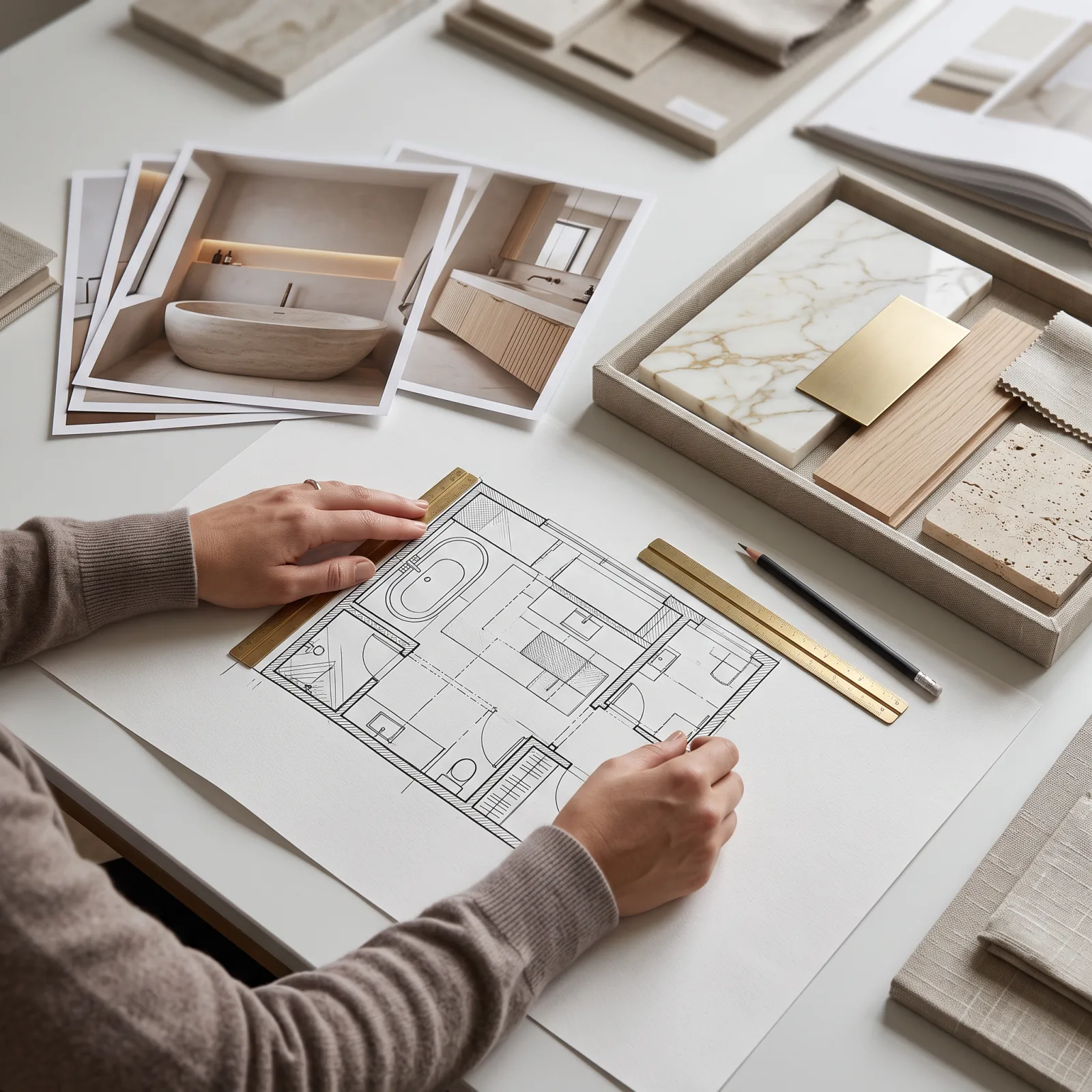 Interior designer reviewing a floor plan and material samples next to professional photographs of a finished bathroom — preparing a design award submission