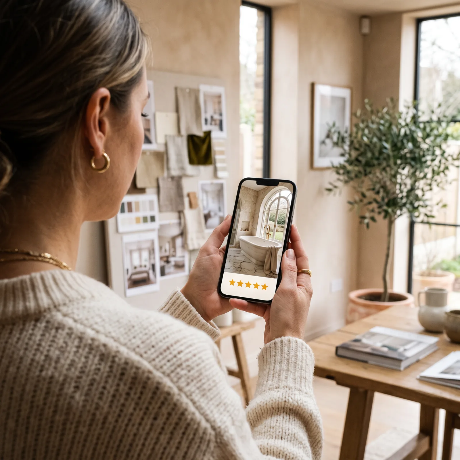 Designer checking live community votes for her bathroom project on a smartphone in a bright studio — online interior design competition
