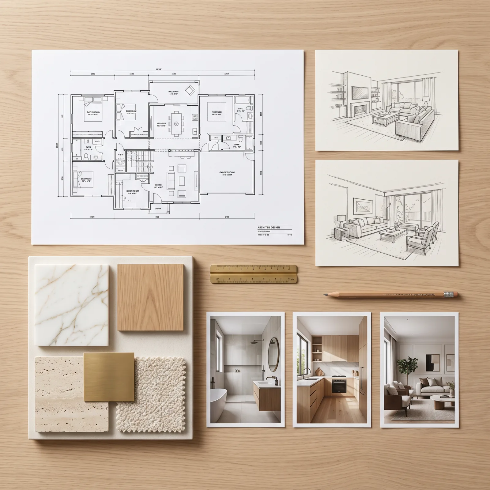 Flat lay of a floor plan, hand sketches, a material board with stone, oak and brass samples, and finished room photographs — what to include in an interior design portfolio