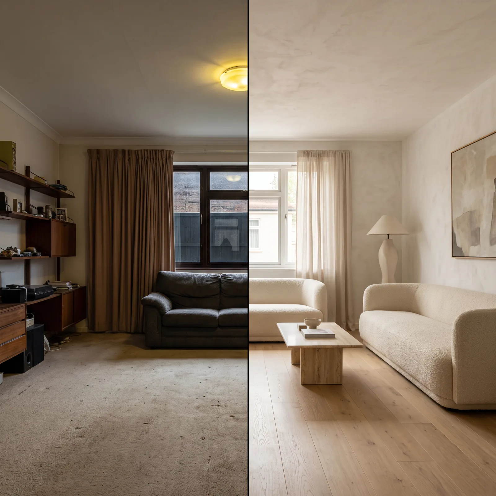 Before-and-after of a living room renovation, dated room on one side and the finished warm-minimalist design on the other — interior design portfolio case study