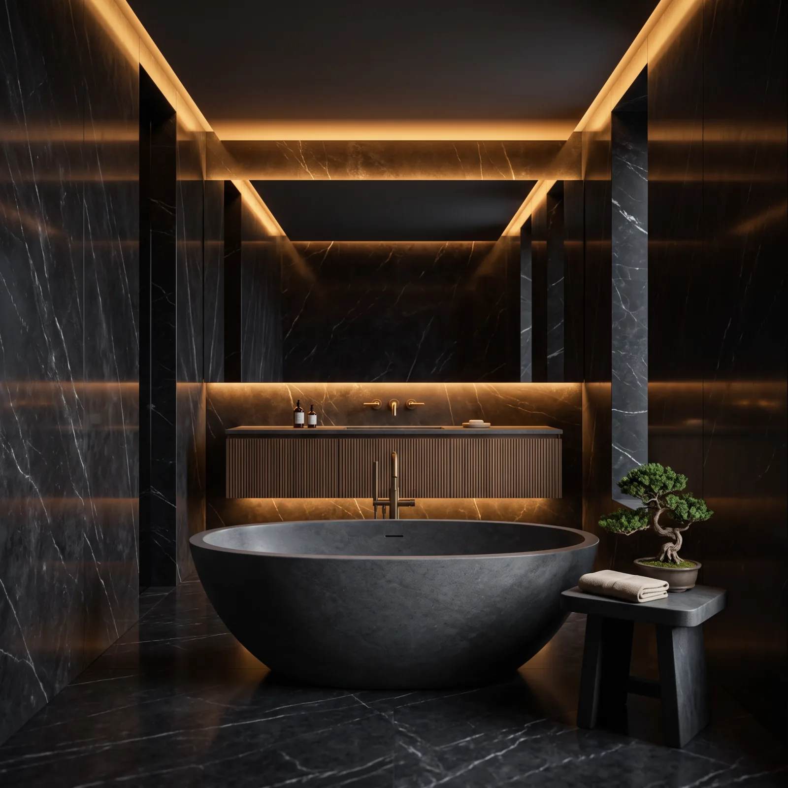 Moody modern bathroom with dark stone, warm cove lighting and a sculptural freestanding tub photographed for a portfolio — award-winning interior design project