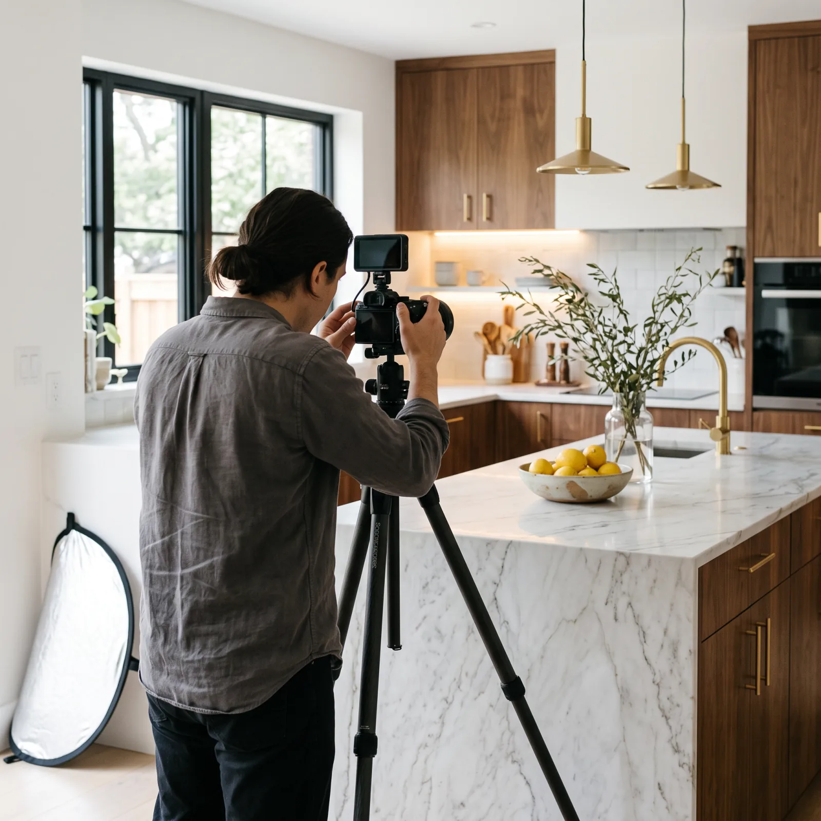 Professional photographer with a tripod shooting a styled modern kitchen in soft daylight — interior design portfolio photography