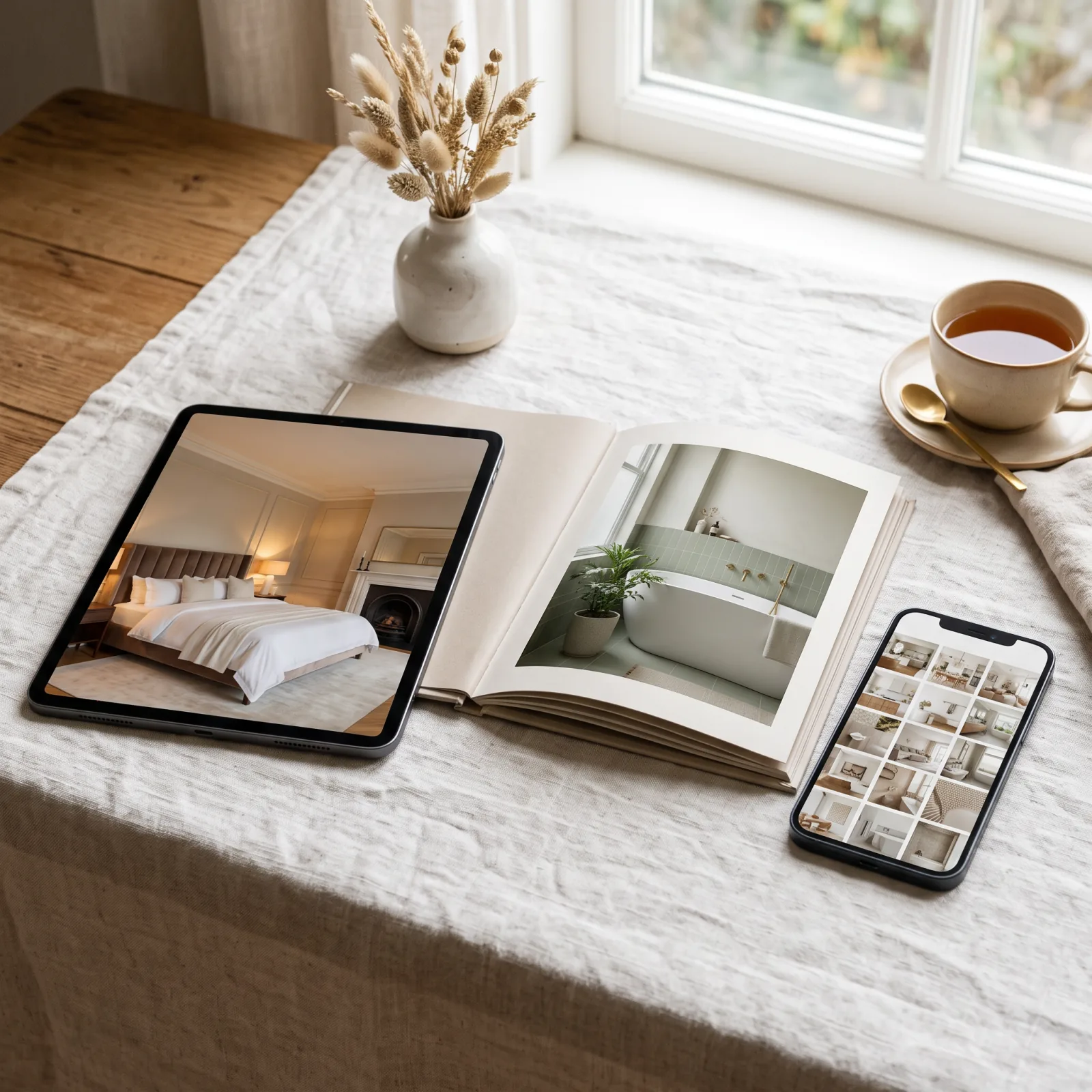 Interior design portfolio shown on a tablet, a printed lookbook and a smartphone grid on a linen-covered table — interior design portfolio website and PDF