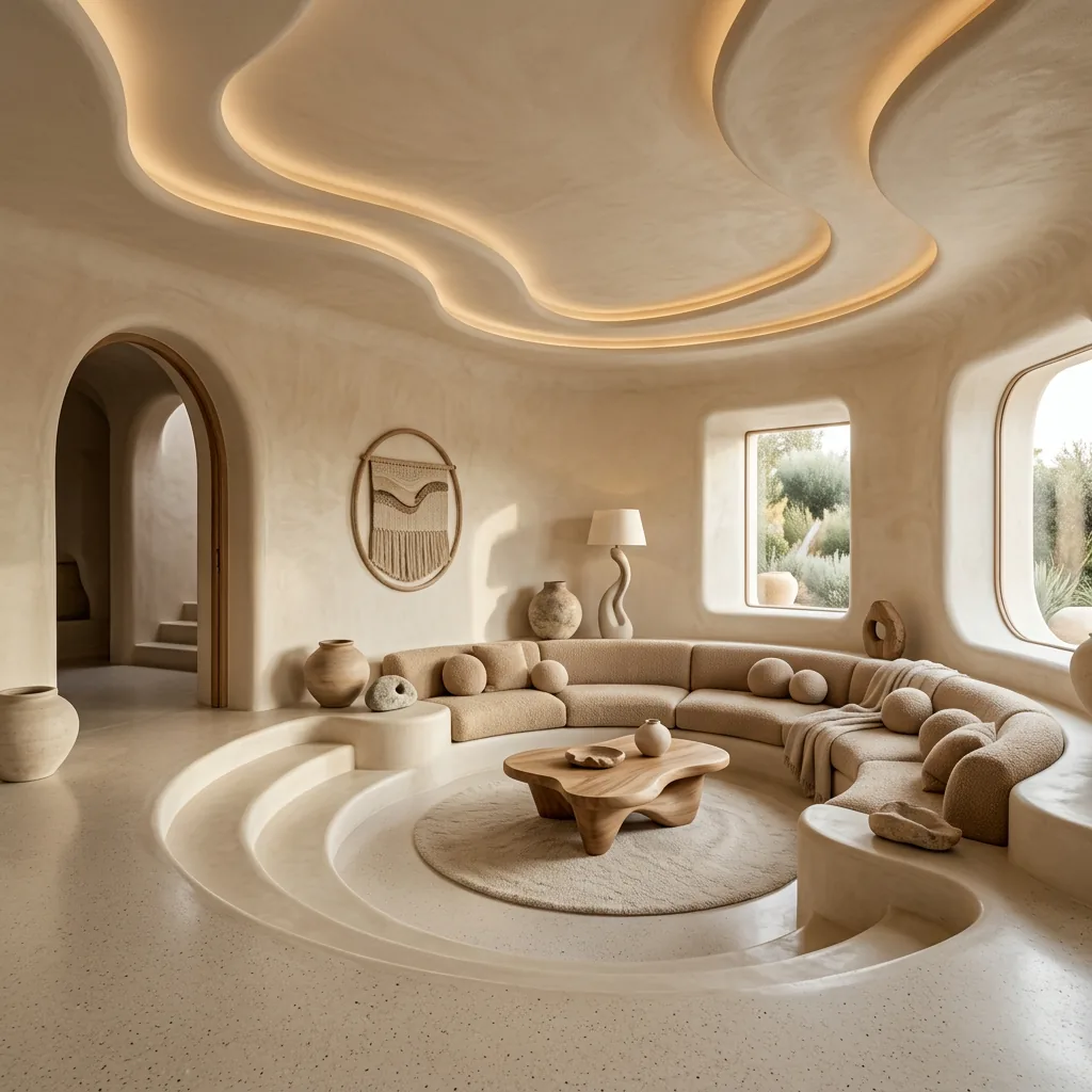 Sunken curved conversation pit with undulating plaster ceiling, arched doorways and a rounded sectional sofa — organic architecture interior design trend 2027