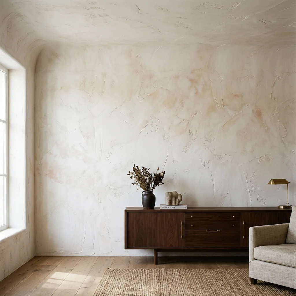 Hand-troweled warm white plaster wall with visible tool marks above a walnut sideboard — plaster walls interior design trend 2027