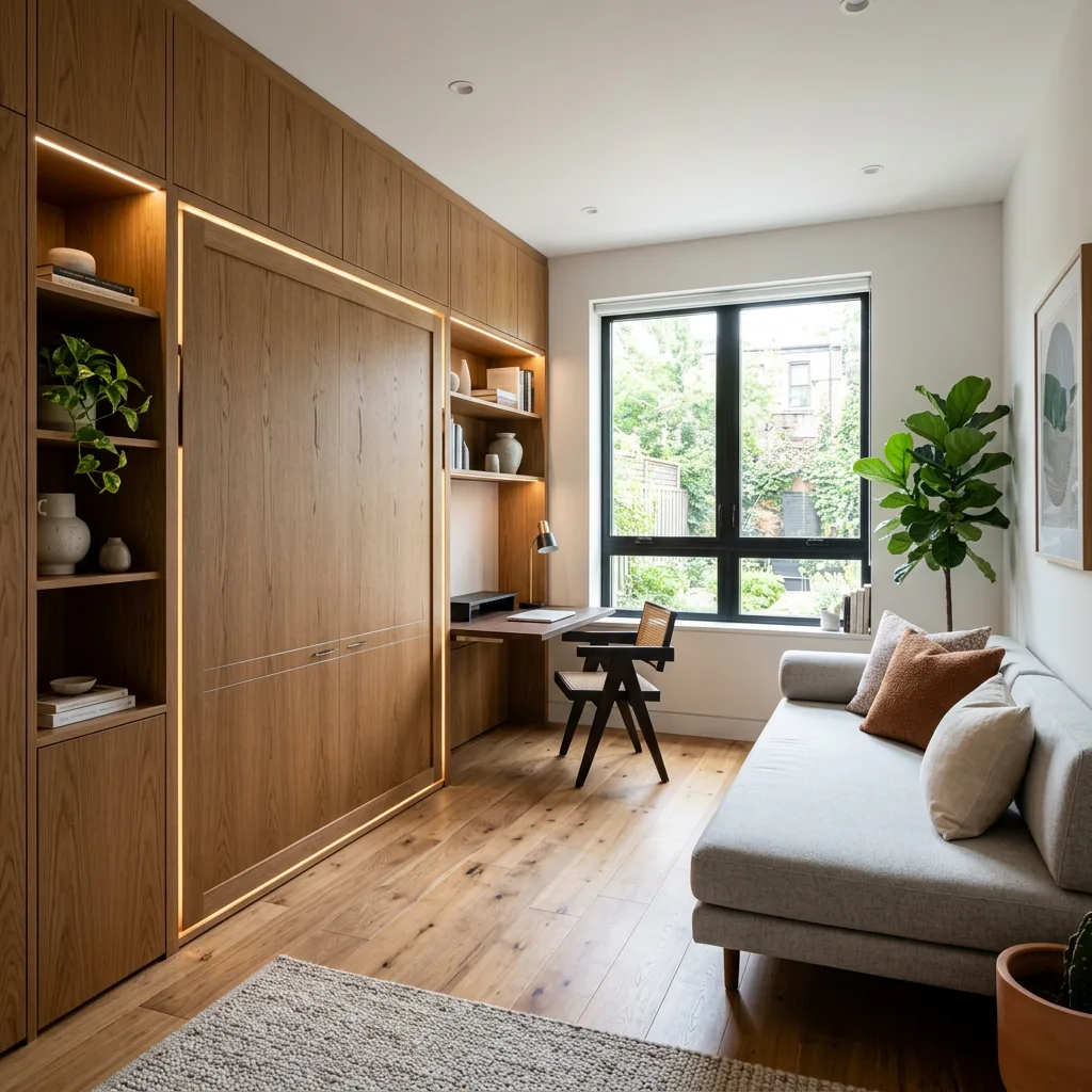 Multipurpose room with a wall-bed hidden in floor-to-ceiling oak paneling, built-in shelving and a home office desk — multipurpose room design trend 2027