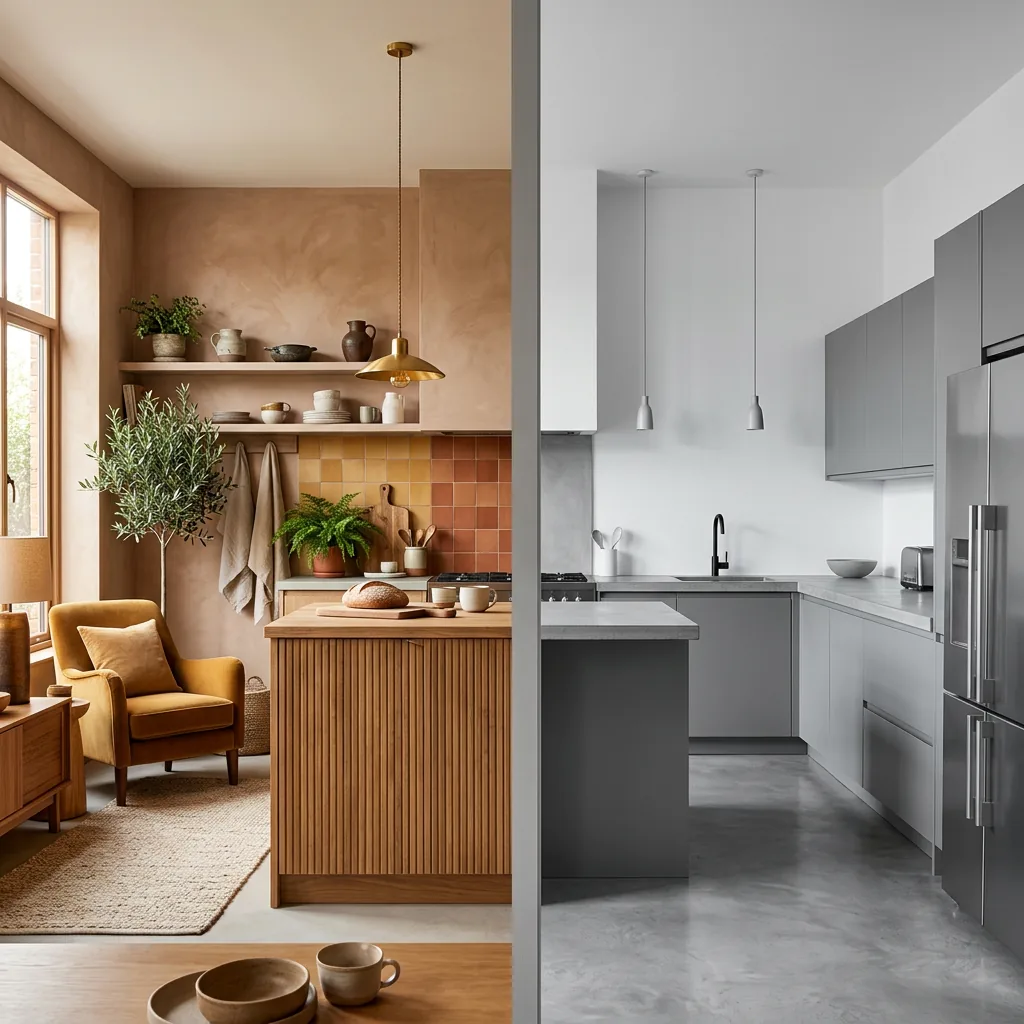 Side-by-side comparison of a warm terracotta and clay kitchen with wood and brass versus a cool gray kitchen — earth tones replacing gray in 2027 interior design