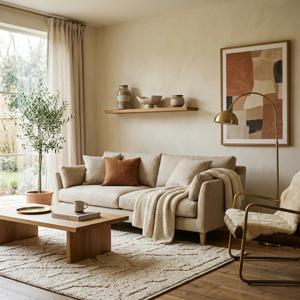 Warm minimalist living room with a linen sofa, light oak coffee table, handwoven rug and brass floor lamp — warm minimalism home design trend 2027