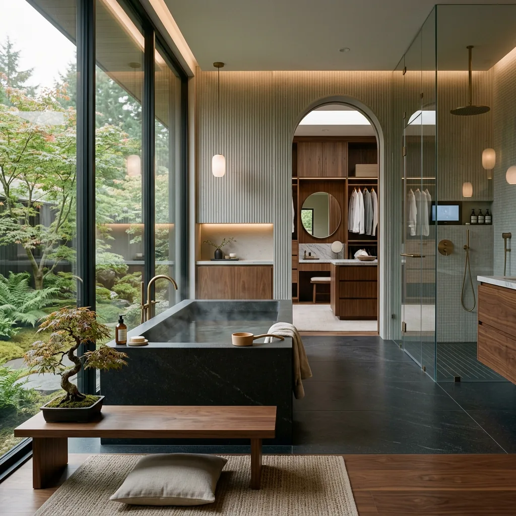 Spa-like luxury bathroom with a black stone soaking tub, garden view, walk-in shower and arched doorway to a dressing room — luxury bathroom interior design trend 2027