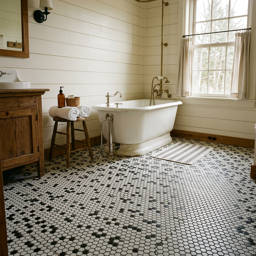 Farmhouse bathroom patterned tile floor — black and white hexagon tile with plain walls above for vintage farmhouse character