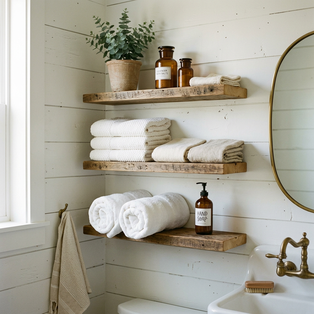 Farmhouse bathroom detail — warm wood and matte black accents against soft white surfaces