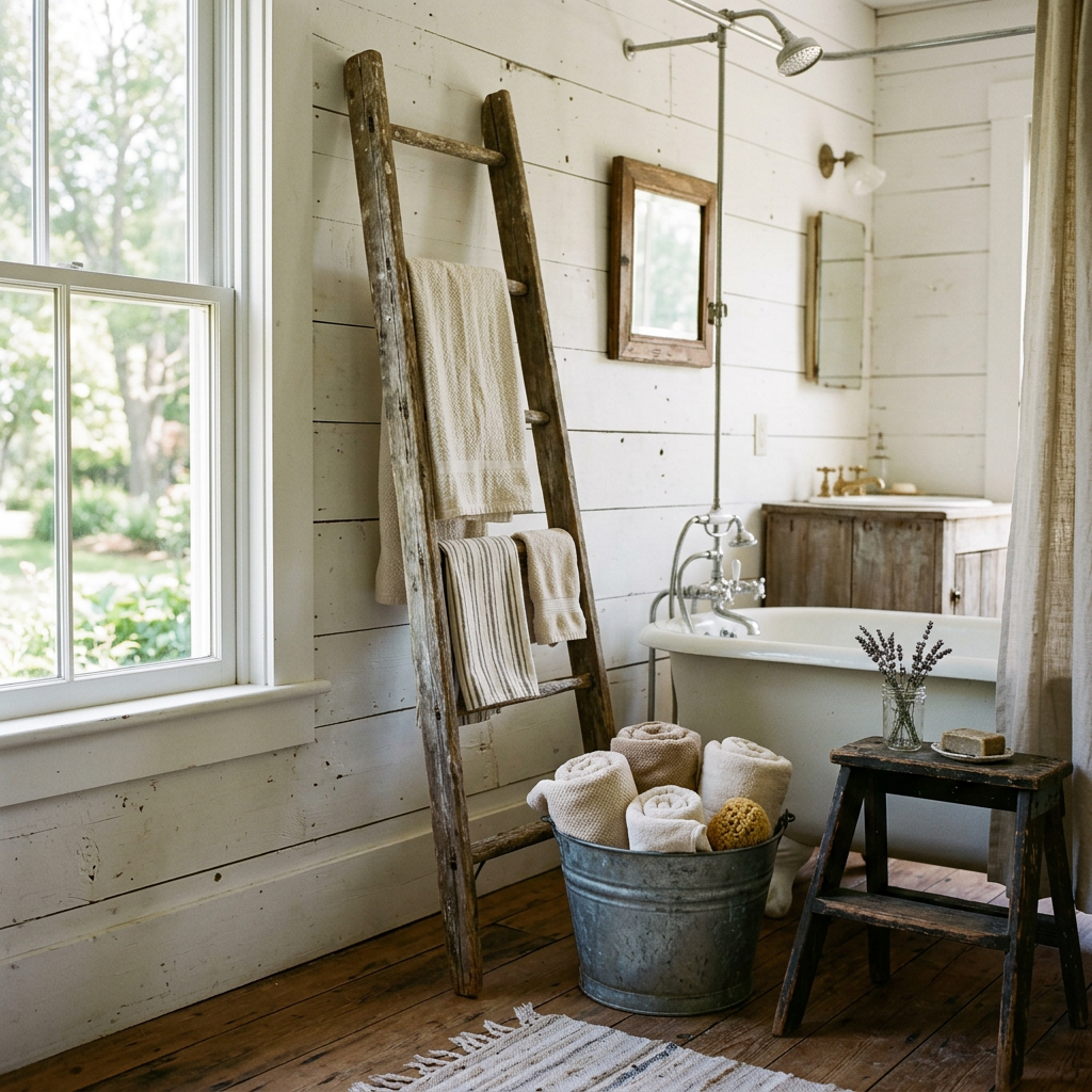 Farmhouse bathroom vintage decor — wooden ladder used as a towel rack and galvanized metal bucket holding rolled towels