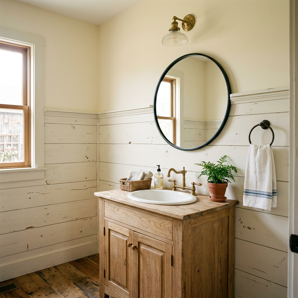 Modern farmhouse bathroom with white shiplap paneling up to chair-rail height and painted wall above, warm and bright