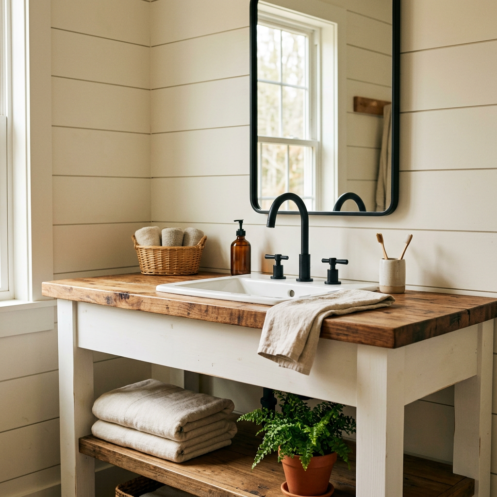 Farmhouse bathroom with matte black cross-handle faucet and black-framed mirror against warm white surfaces