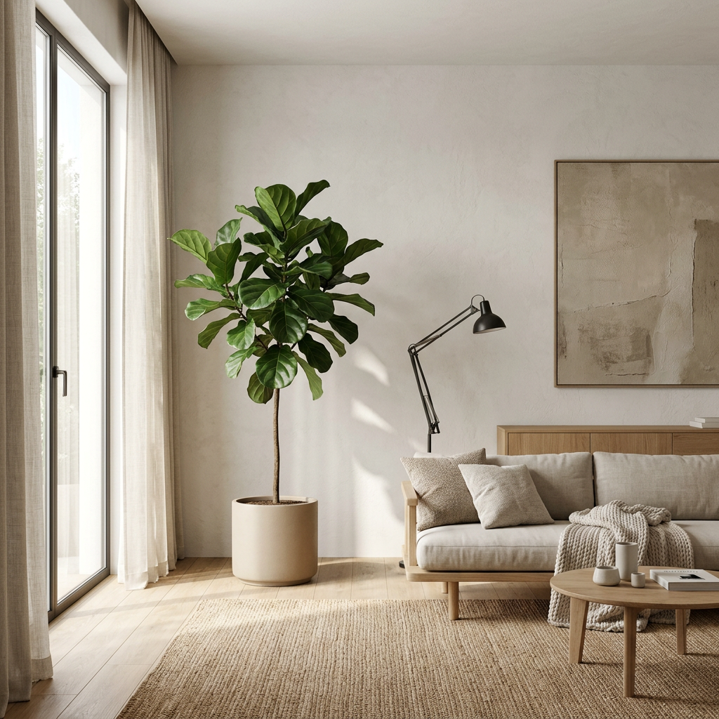 One large sculptural plant in a simple matte ceramic pot in a Japandi living room — japandi living room ideas with greenery