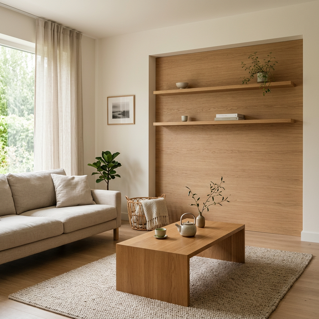 Light oak coffee table anchoring a Japandi living room as the single dominant wood element — japandi home decor wood tones